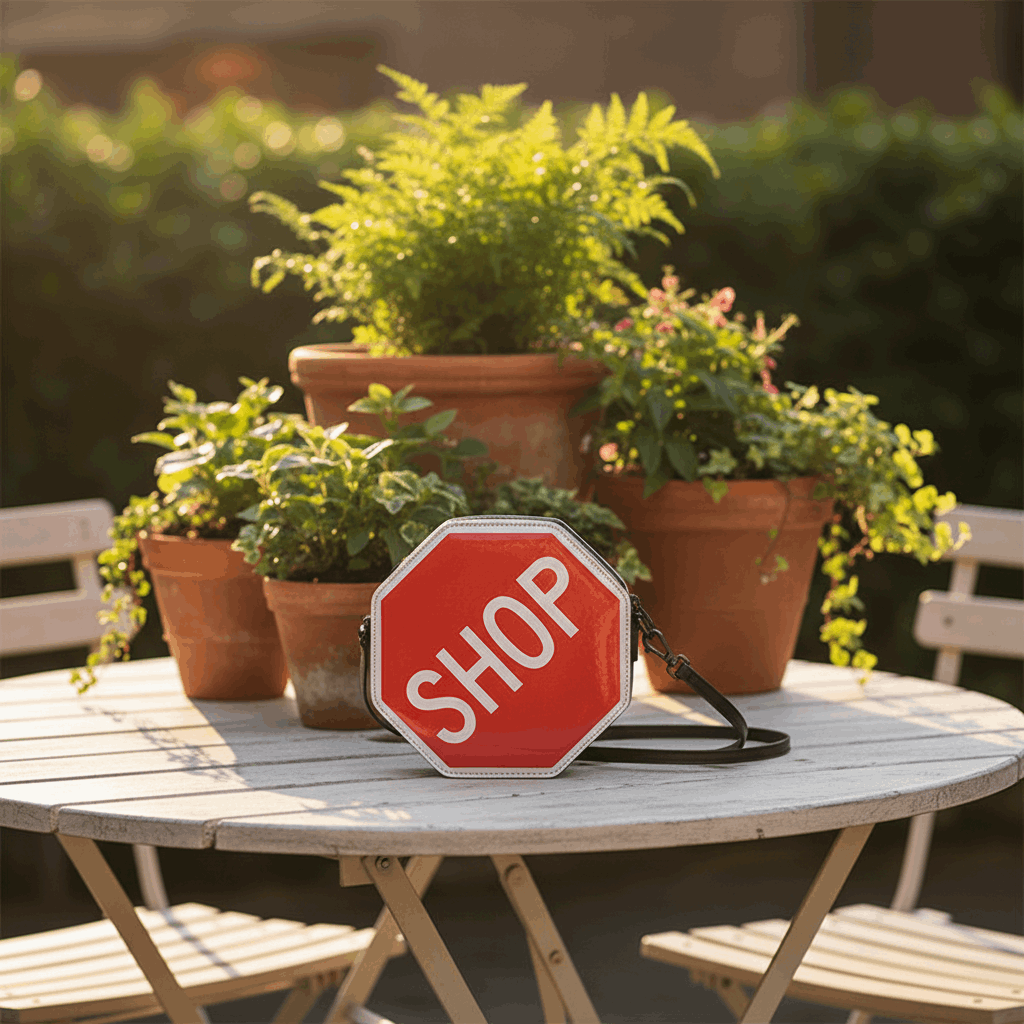 Red sign bag on the round table with planters