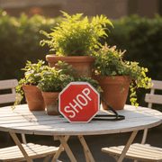 Red sign bag on the round table with planters